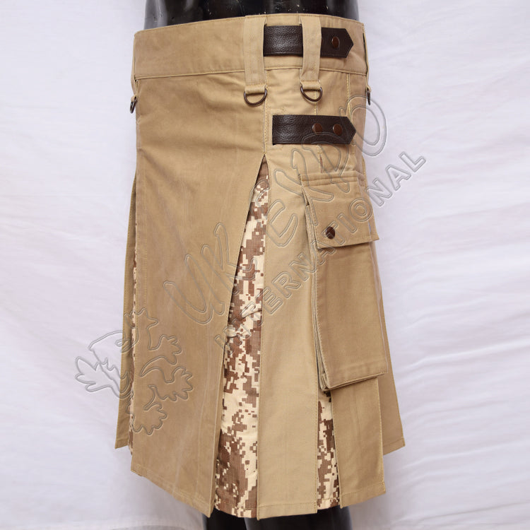 Khaki Hybrid With Digital Camouflage Box Pleat Utility Kilt