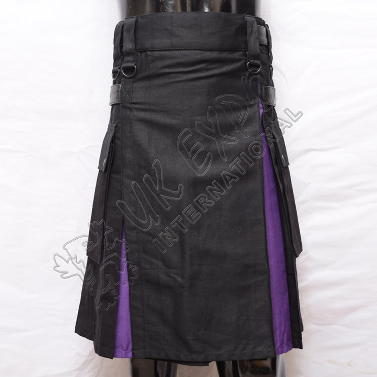 Black Hybrid Purple Box Pleat Utility Kilt