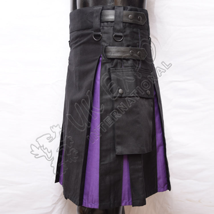 Black Hybrid Purple Box Pleat Utility Kilt