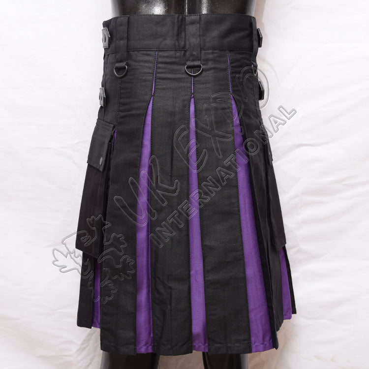 Black Hybrid Purple Box Pleat Utility Kilt
