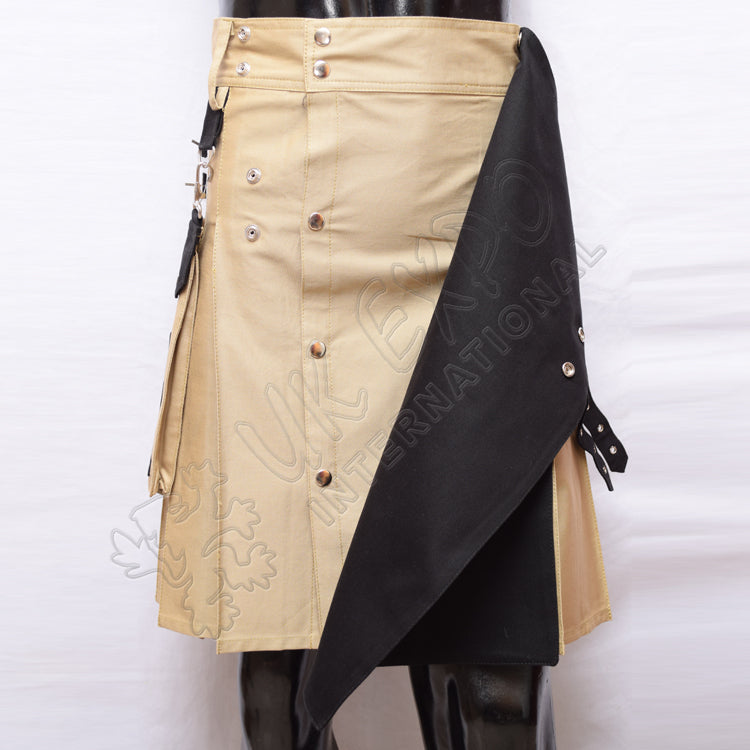 Khaki With Black Color Two Tone Hybrid Kilt