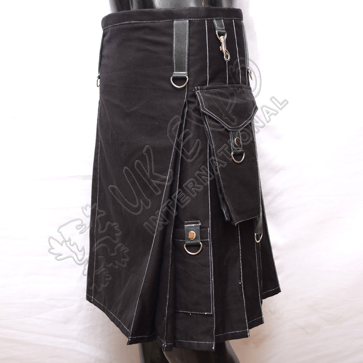 Heavy Duty Black Color With White Out Thread Utility Kilt