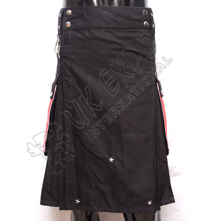 USA Flag Pockets Black Cotton Standard Utility Kilt