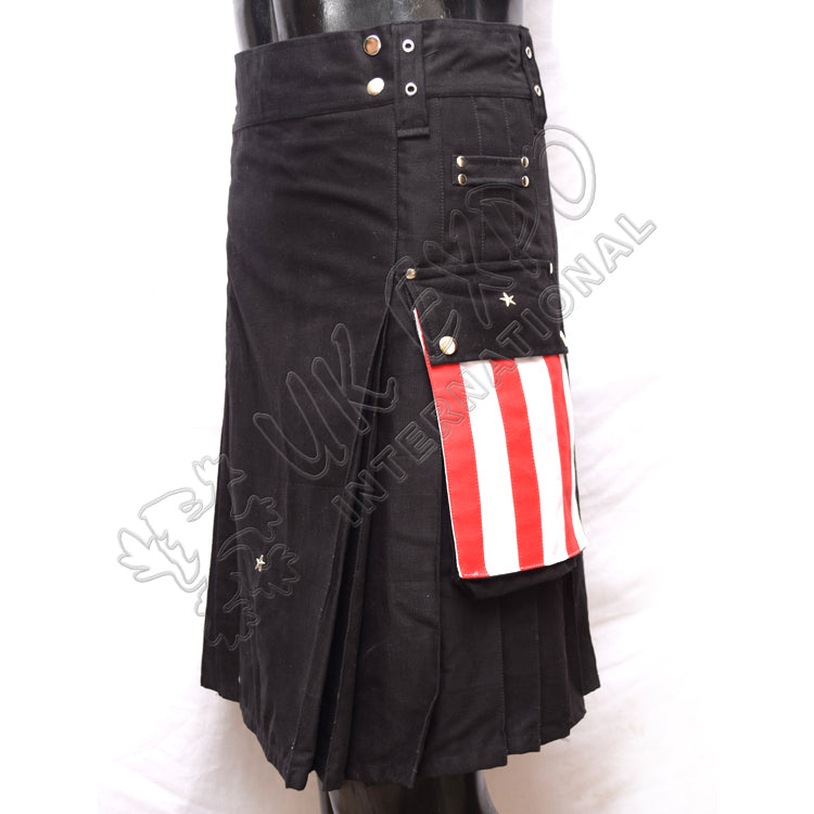 USA Flag Pockets Black Cotton Standard Utility Kilt