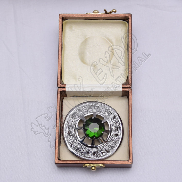 Thistle Moulded With Green Emerald Stone Brooch