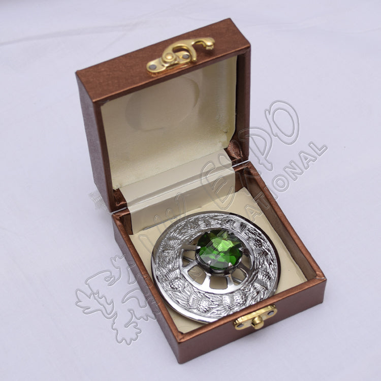 Thistle Moulded With Green Emerald Stone Brooch