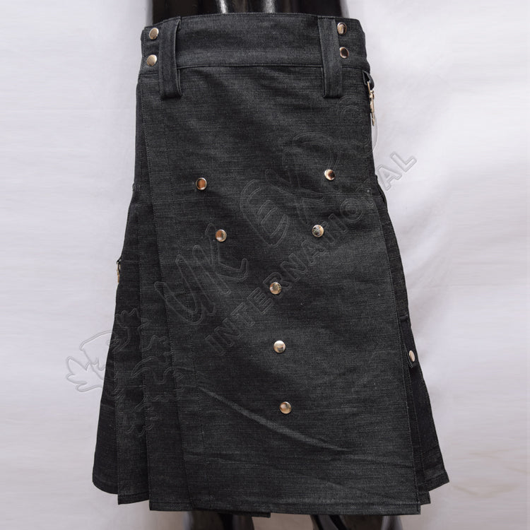 Black Denim Y Style Utility Kilt