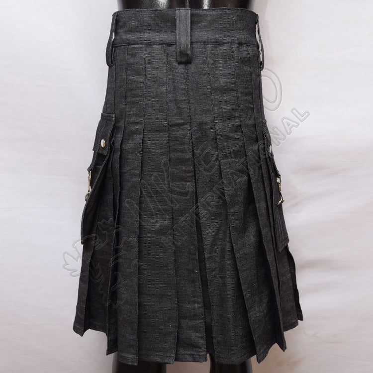 Black Denim Y Style Utility Kilt