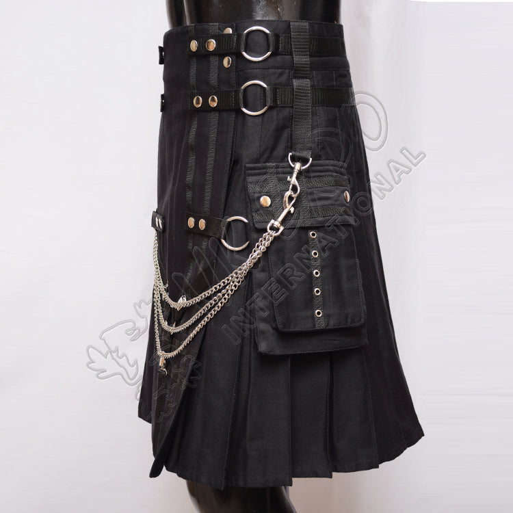 Black Gothic Stylish With Chains Tactical Webbing Utility Kilt