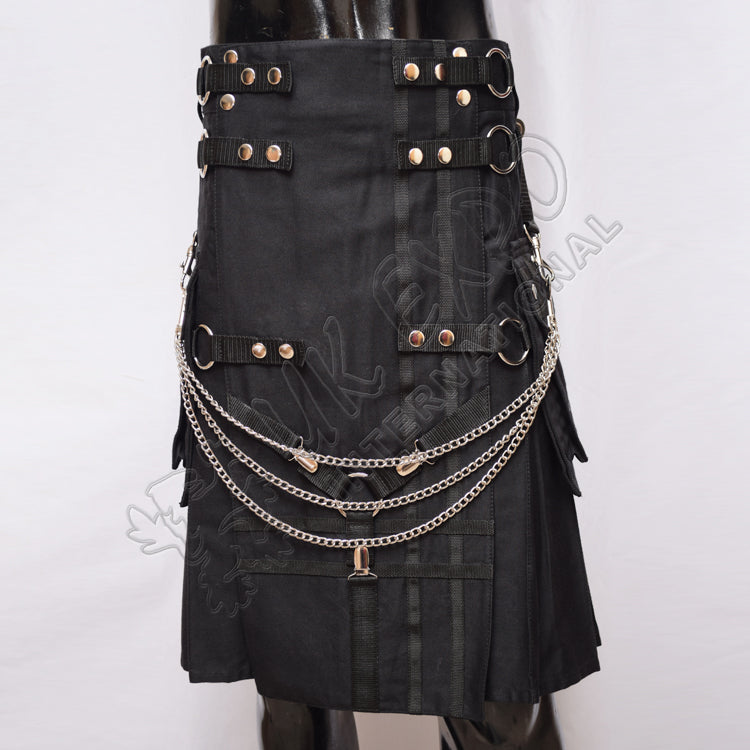 Black Gothic Stylish With Chains Tactical Webbing Utility Kilt