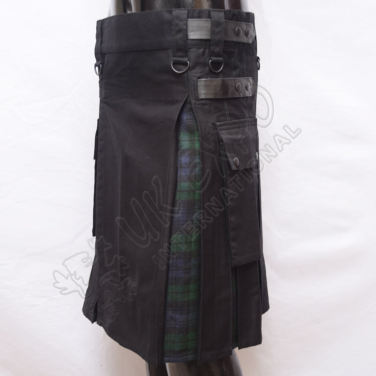 Black Hybrid With Black Watch Tartan Utility Kilt