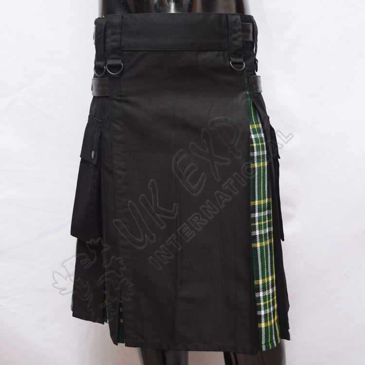 Decent Black Cotton With Irish Tartan Hybrid Utility Kilt