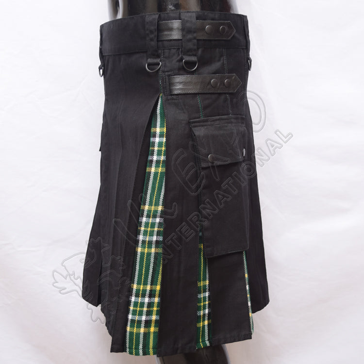 Decent Black Cotton With Irish Tartan Hybrid Utility Kilt