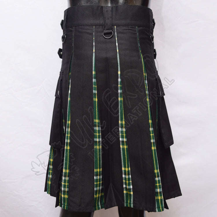 Decent Black Cotton With Irish Tartan Hybrid Utility Kilt
