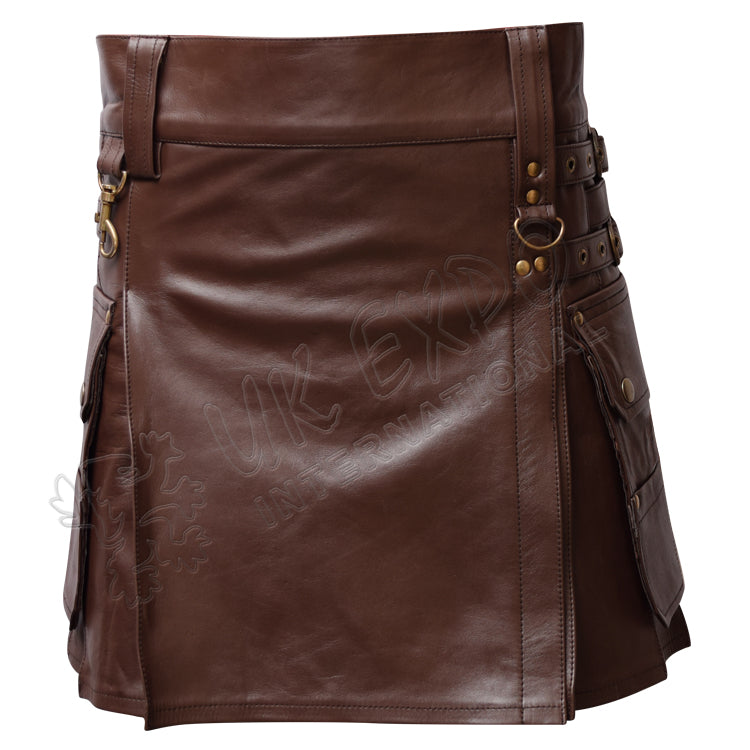 Brown Leather Warrior Kilt 4 Strap Utility Kilt