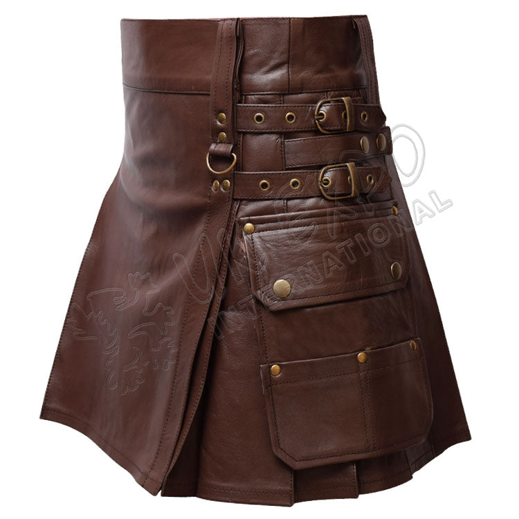 Brown Leather Warrior Kilt 4 Strap Utility Kilt