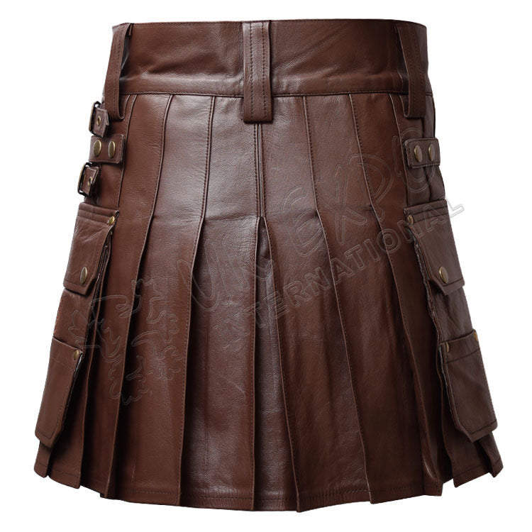 Brown Leather Warrior Kilt 4 Strap Utility Kilt