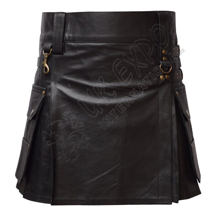 Black Leather Warrior Kilt 4 Strap Utility Kilt