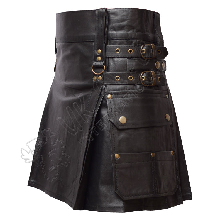 Black Leather Warrior Kilt 4 Strap Utility Kilt
