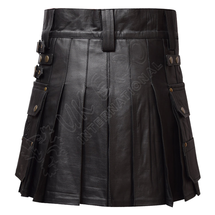 Black Leather Warrior Kilt 4 Strap Utility Kilt