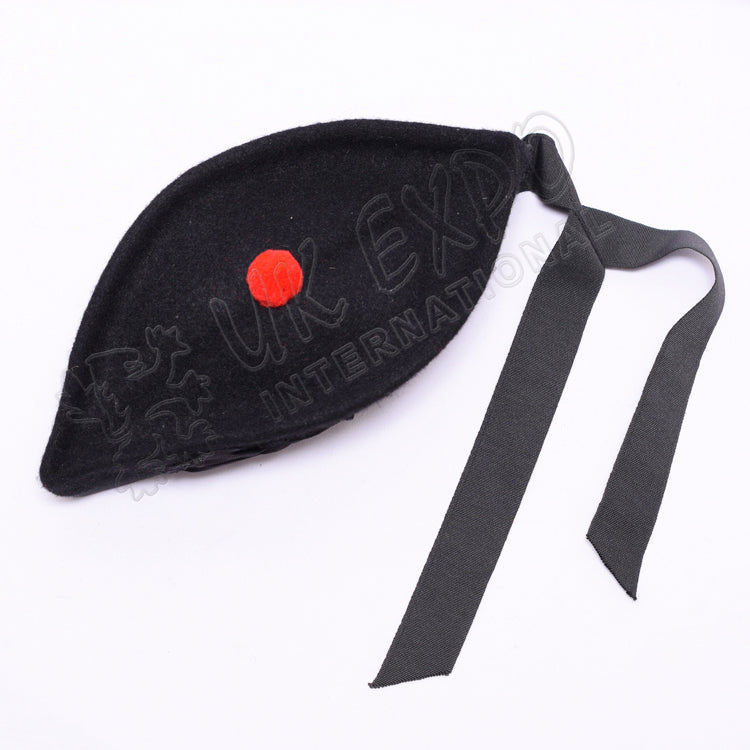 Black Glengarry Hat Plain With Red Pom