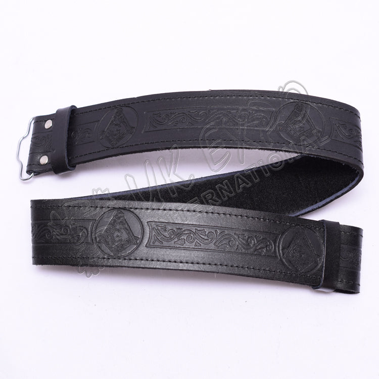 Masonic Embossed Black Leather Kilt Belt Velcro Closing