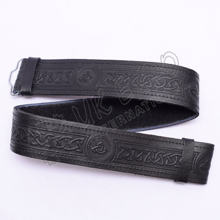 Celtic Embossed Black Leather Kilt Belt Velcro Closing