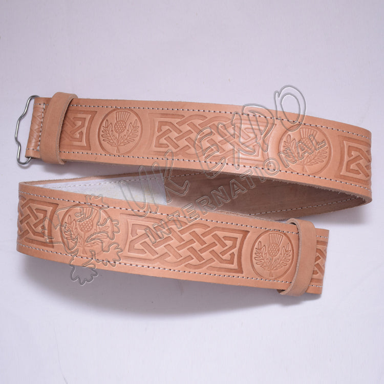 Scottish Flower Celtic Knot Work Emboss Skin Color Leather Belt