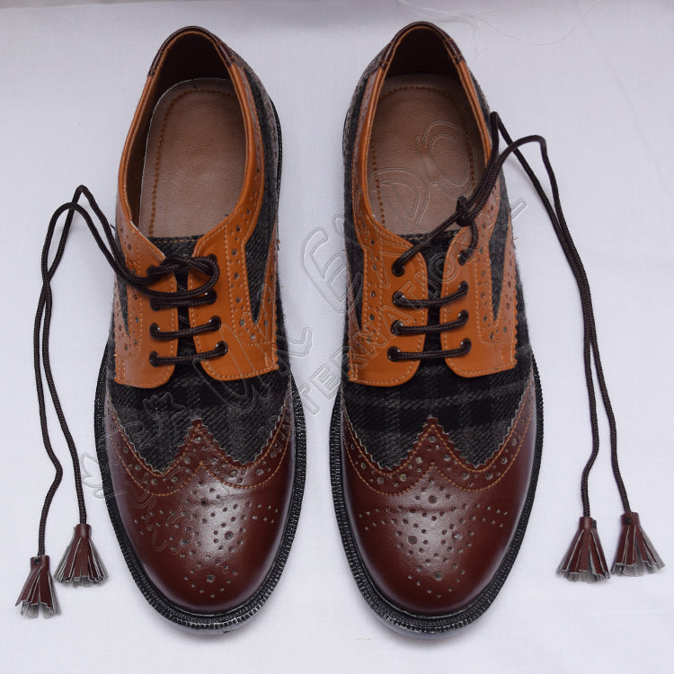 Tartan Ghillies Black/Gray Plaid With Brown/Tan Leather