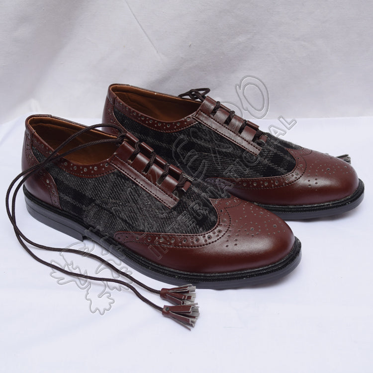 Hybrid Gray Tartan Ghillie Brogues With Chocolate Leather
