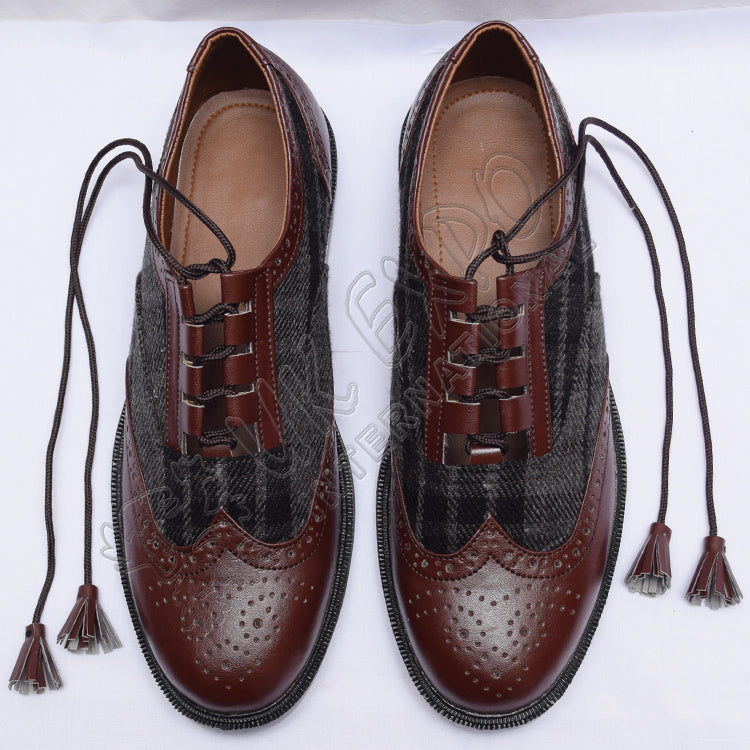 Hybrid Gray Tartan Ghillie Brogues With Chocolate Leather