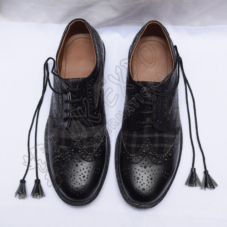 Hybrid Tartan Ghillie Brogues Gray Black Leather With PU Sole