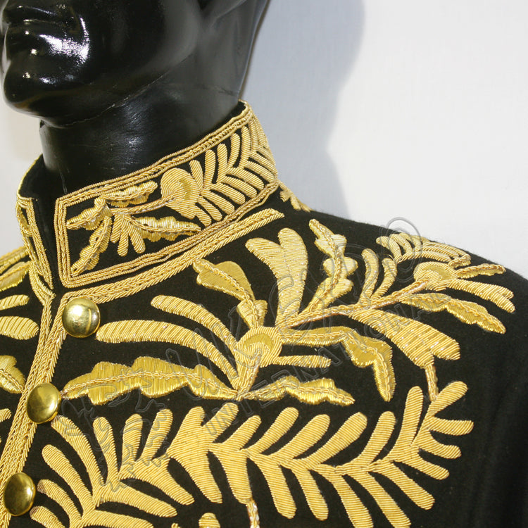 7th Marquess Cholmondeley Style Court Black Wool Gold Bullion Zari Hand Embroidery Jacket