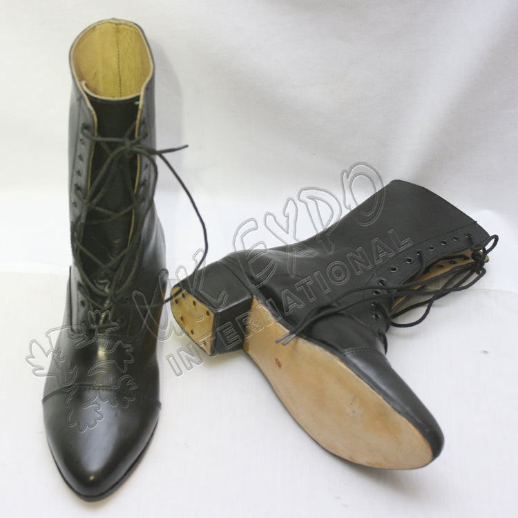 Black Leather Victorian Style Lace Up Ankle Boots