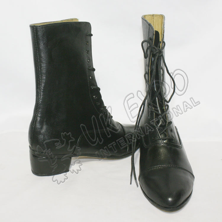 Black Leather Victorian Style Lace Up Ankle Boots