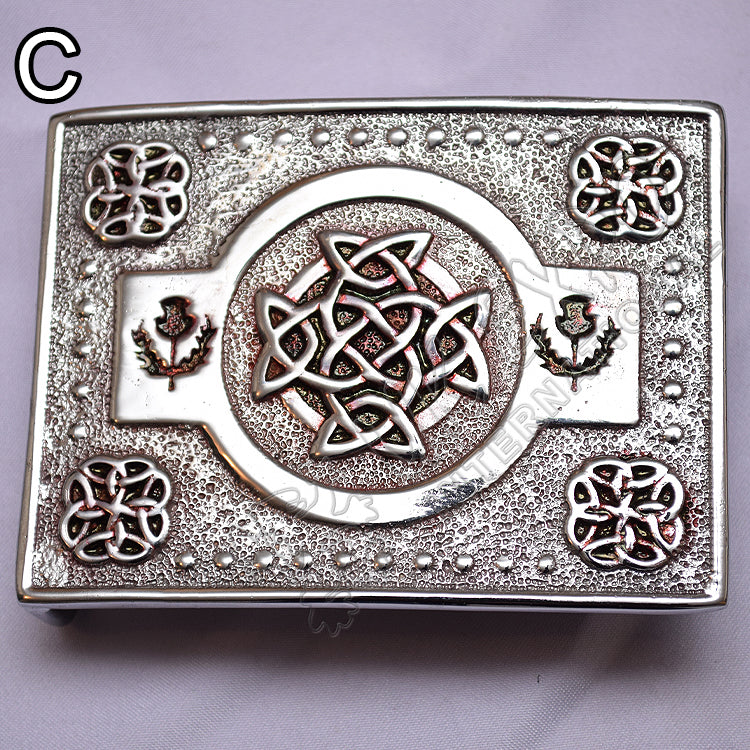 Celtic Round Thistle Chrome Buckle With Green Color Filing