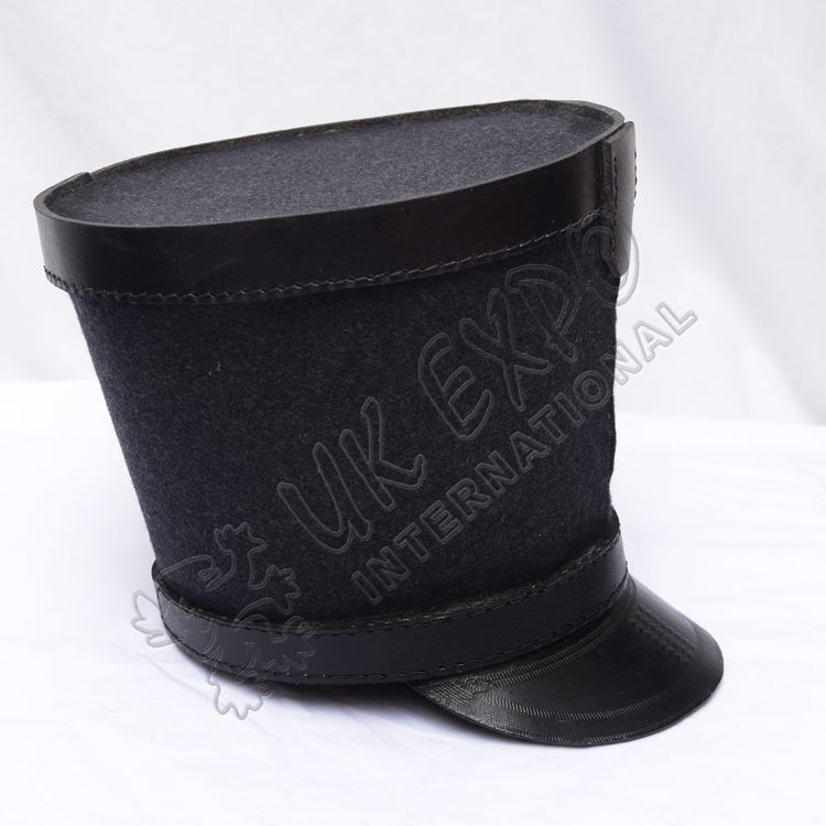 Black Leather Shako Hat with Top Band & Black Thread Detailing