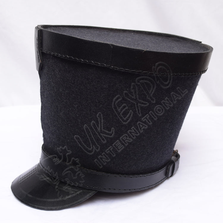 Black Leather Shako Hat with Top Band & Black Thread Detailing