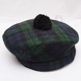 Black Watch Tartan Military Bonnet Hat with Black Pom Pom