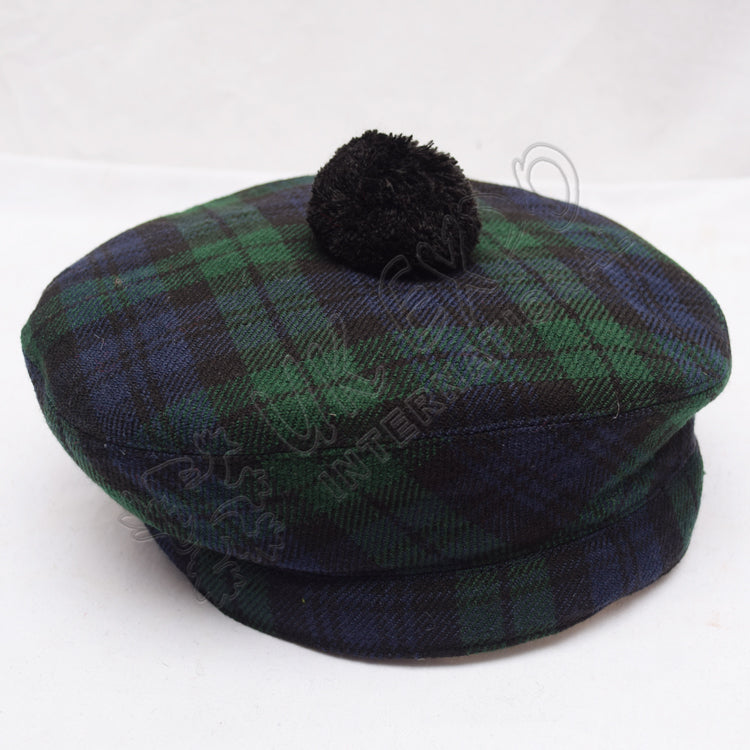 Black Watch Tartan Military Bonnet Hat with Black Pom Pom