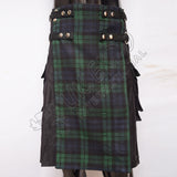 Men Style Black Cotton With Black Watch Tartan Hybrid Utility Kilt