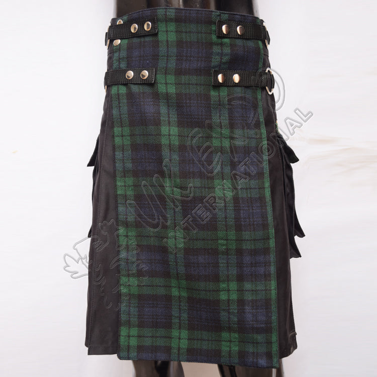 Men Style Black Cotton With Black Watch Tartan Hybrid Utility Kilt