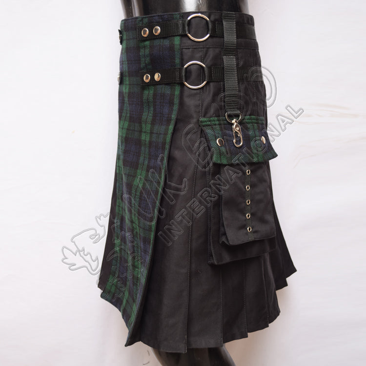 Men Style Black Cotton With Black Watch Tartan Hybrid Utility Kilt