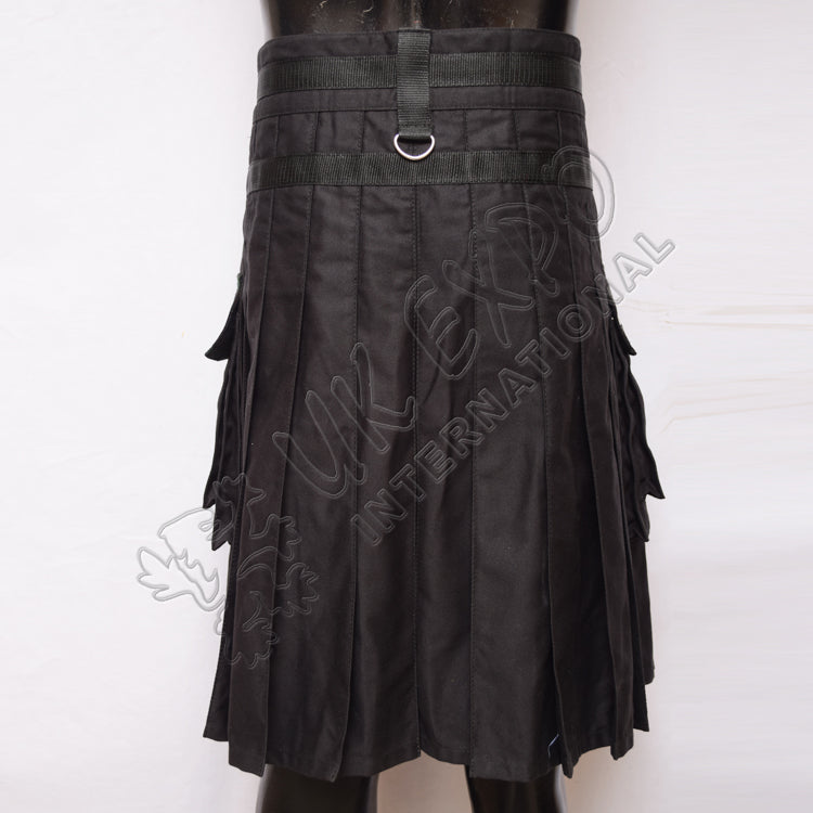 Men Style Black Cotton With Black Watch Tartan Hybrid Utility Kilt