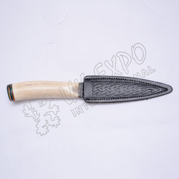 Stag Handle Damascus Steel Blade With Celtic Leather Sheath