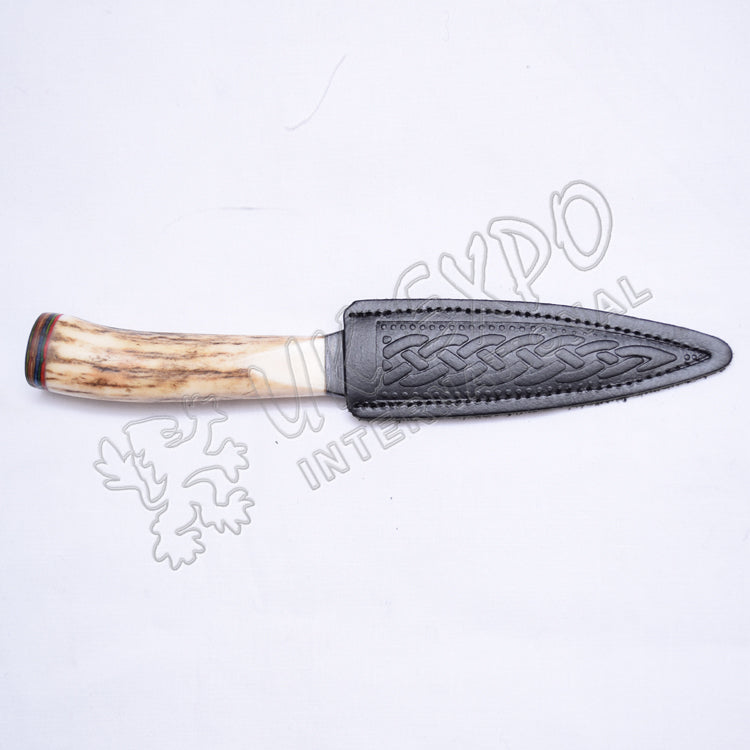 Stag Handle Stainless Steel Blade With Celtic Leather Sheath
