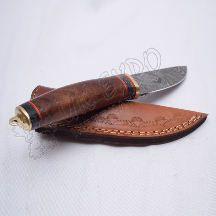 Damascus Knife Wood Handle Brass Hook With Leather Sheath