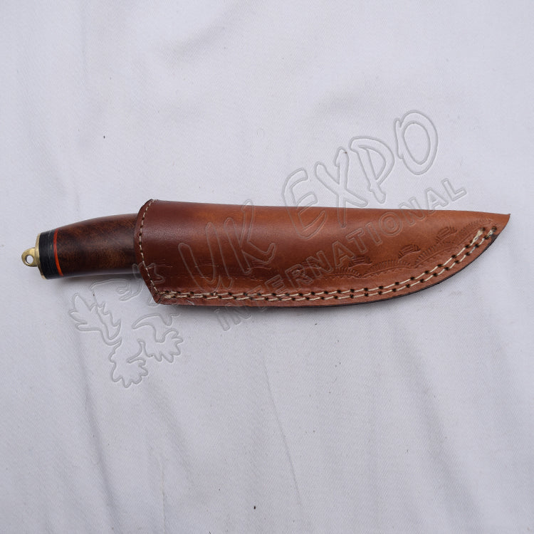 Damascus Knife Wood Handle Brass Hook With Leather Sheath