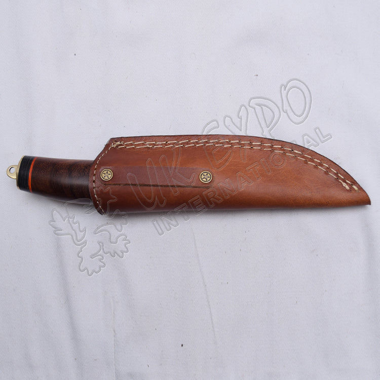 Damascus Knife Wood Handle Brass Hook With Leather Sheath