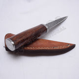 Damascus Blade Knife Wooden Handle Leather Sheath